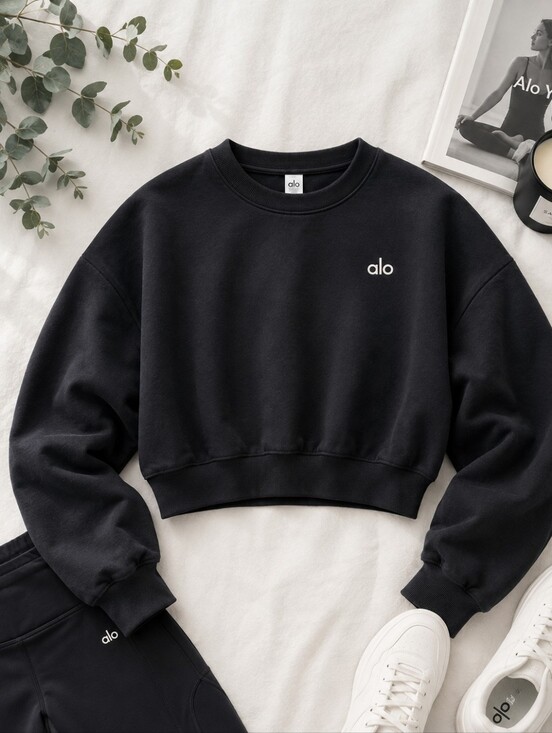 ALO Yoga Tops - Alo Yoga Accolade Cropped Crew Neck Sweatshirt Black Medium EUC